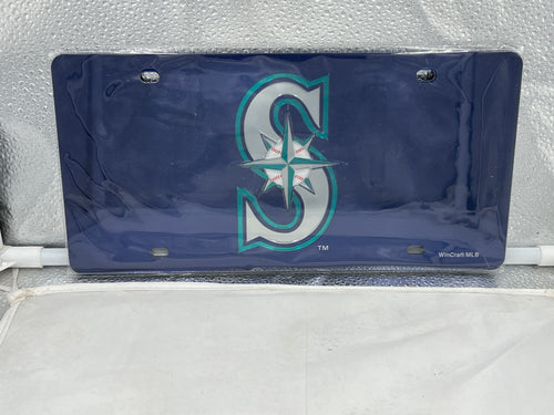 Seattle Mariners MLB Blue Acrylic Lasercut License Plate by WinCraft featuring the iconic Mariners logo in vibrant blue, ideal for showcasing team spirit on your vehicle.