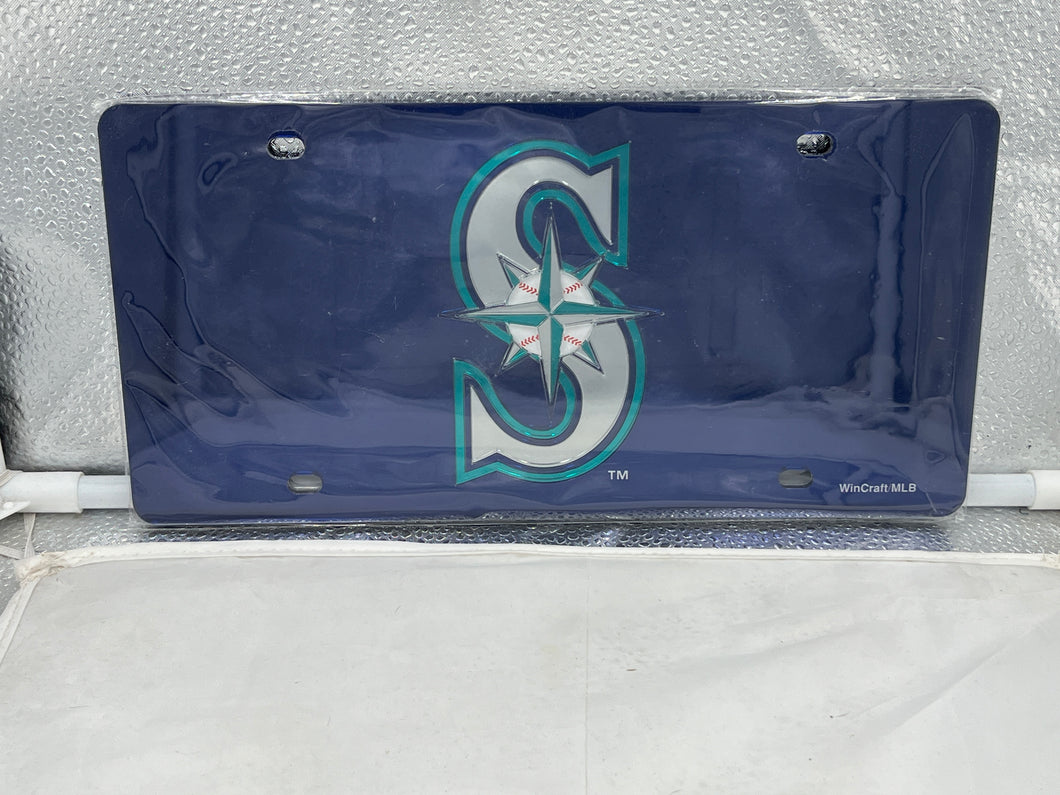 Seattle Mariners MLB Blue Acrylic Lasercut License Plate by WinCraft featuring the iconic Mariners logo in vibrant blue, ideal for showcasing team spirit on your vehicle.