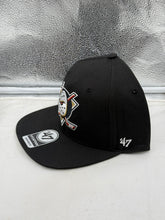 Load image into Gallery viewer, Anaheim Ducks NHL '47 Brand Throwback Black Captain Adjustable Snapback Hat angled view
