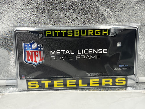 Pittsburgh Steelers NFL Laser Cut License Plate Frame RICO showcasing durable construction and eye-catching design with iconic Steelers logo.
