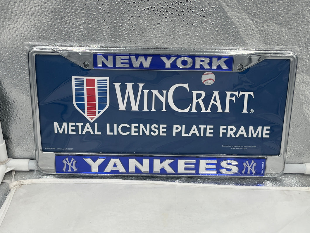 New York Yankees MLB Blue Laser Cut License Plate Frame by Wincraft showcasing the official logo in a stylish design, perfect for fans looking to display their team spirit on their vehicle.