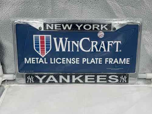 New York Yankees MLB Black Laser Cut License Plate Frame by WinCraft showcasing a sleek black finish and intricately designed team graphics, perfect for displaying team spirit on your vehicle.