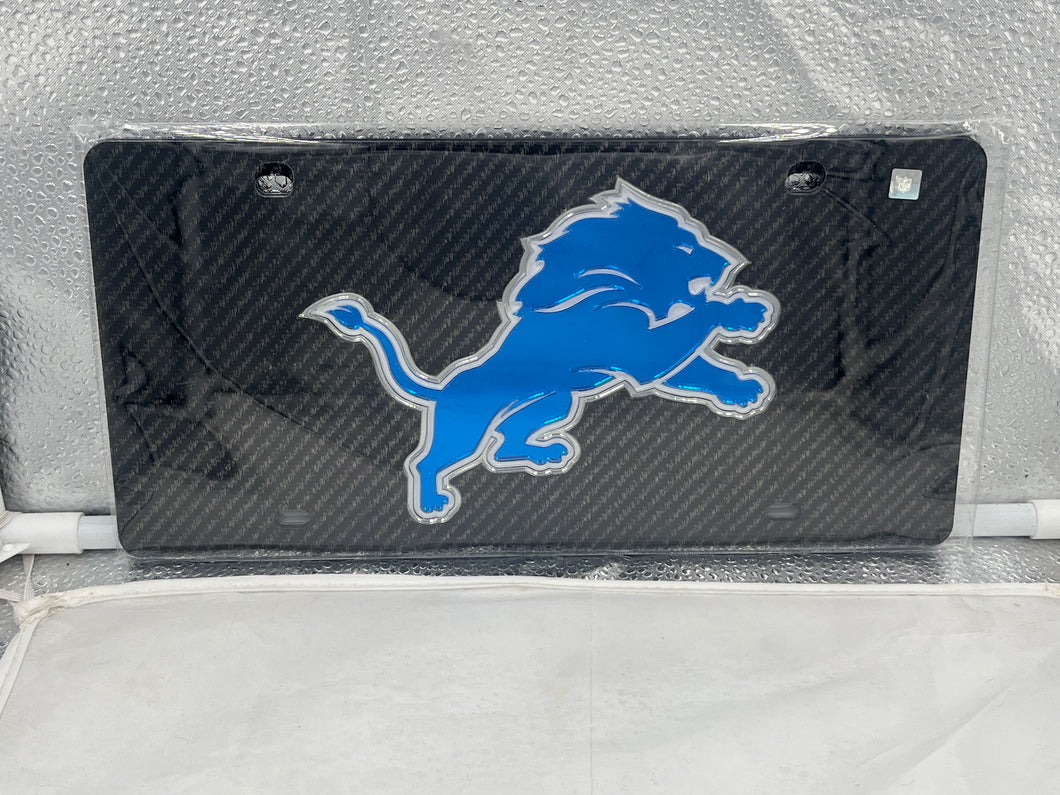 Detroit Lions NFL Black Acrylic Lasercut License Plate from WinCraft, showcasing a sleek black design with the iconic Detroit Lions logo, perfect for fans to display team spirit on their vehicles.