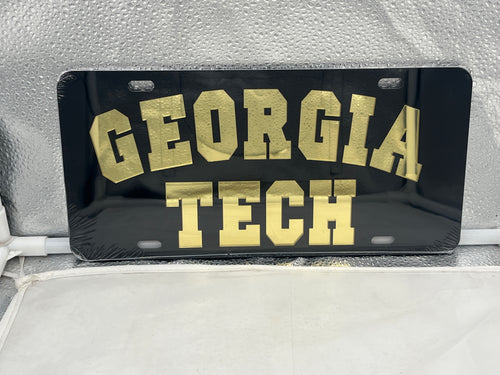 Georgia Tech Yellow Jackets NCAA Black Mirrored LaserCut License Plate by Craftique showcasing detailed laser-cut graphics and a sleek black mirrored finish.