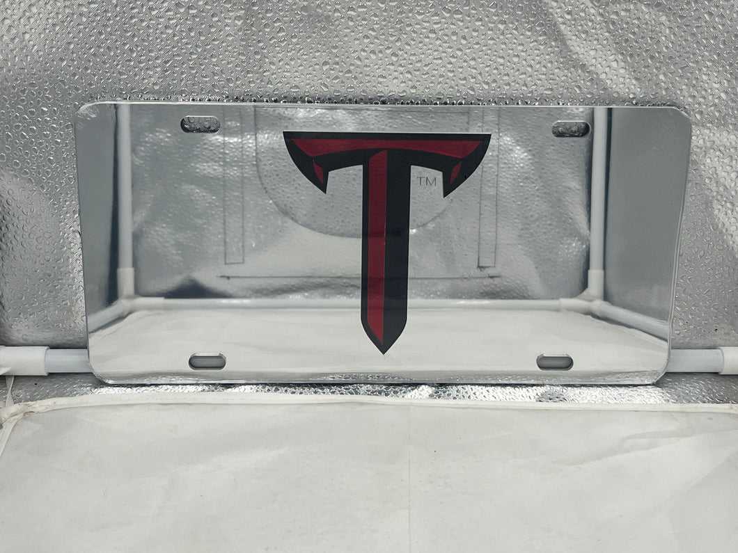 Troy Trojans NCAA Silver Mirrored Laser Cut License Plate by Craftique showcasing a sleek silver mirrored finish and durable laser-cut design, perfect for expressing team pride on your vehicle.