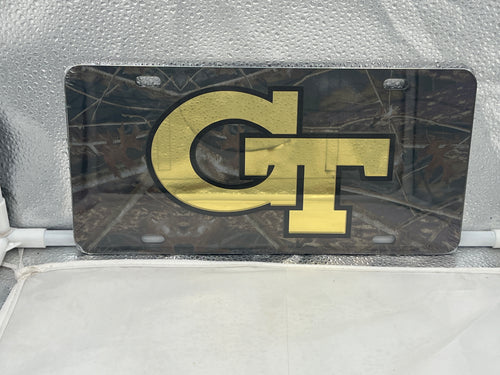 Georgia Tech Yellow Jackets NCAA Camo Mirrored LaserCut License Plate by Craftique featuring a unique camo design and a mirrored finish, perfect for showcasing team spirit on your vehicle.