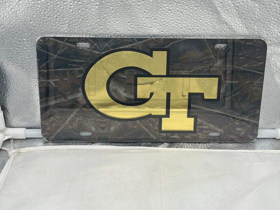 Georgia Tech Yellow Jackets NCAA Camo Mirrored LaserCut License Plate by Craftique featuring a unique camo design and a mirrored finish, perfect for showcasing team spirit on your vehicle.