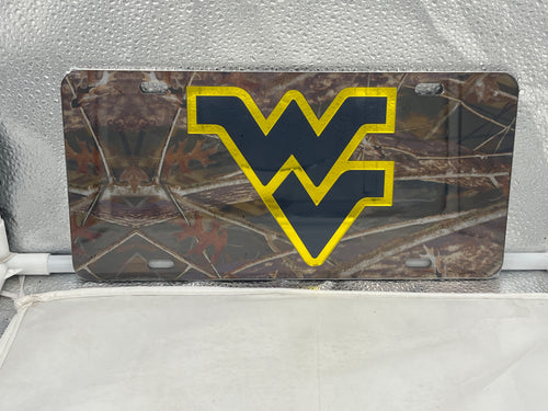 West Virginia Mountaineers NCAA Camo Mirrored LaserCut License Plate by Craftique showcasing its unique camo design and mirrored finish.