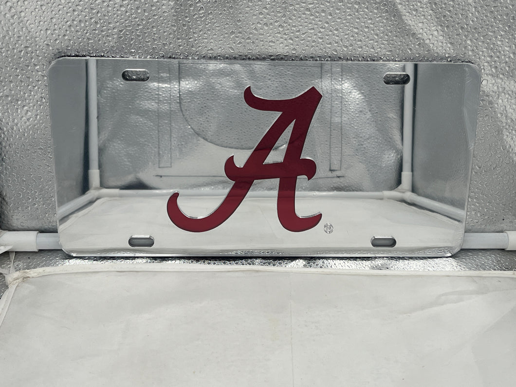 Alabama Crimson Tide NCAA Silver Mirrored Laser Cut License Plate by Craftique, featuring a sleek design that showcases team pride and elegance, perfect for any vehicle or home decor.