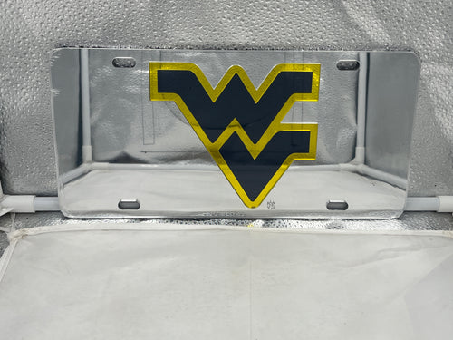 West Virginia Mountaineers NCAA Silver Mirrored LaserCut License Plate by Craftique showcasing vibrant design and durable construction, ideal for fans and alumni.