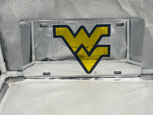 West Virginia Mountaineers NCAA Silver Mirrored LaserCut License Plate from Craftique, showcasing a sleek mirrored finish and precision laser-cut design of the Mountaineer logo.