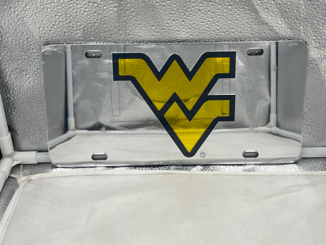 West Virginia Mountaineers NCAA Silver Mirrored LaserCut License Plate from Craftique, showcasing a sleek mirrored finish and precision laser-cut design of the Mountaineer logo.