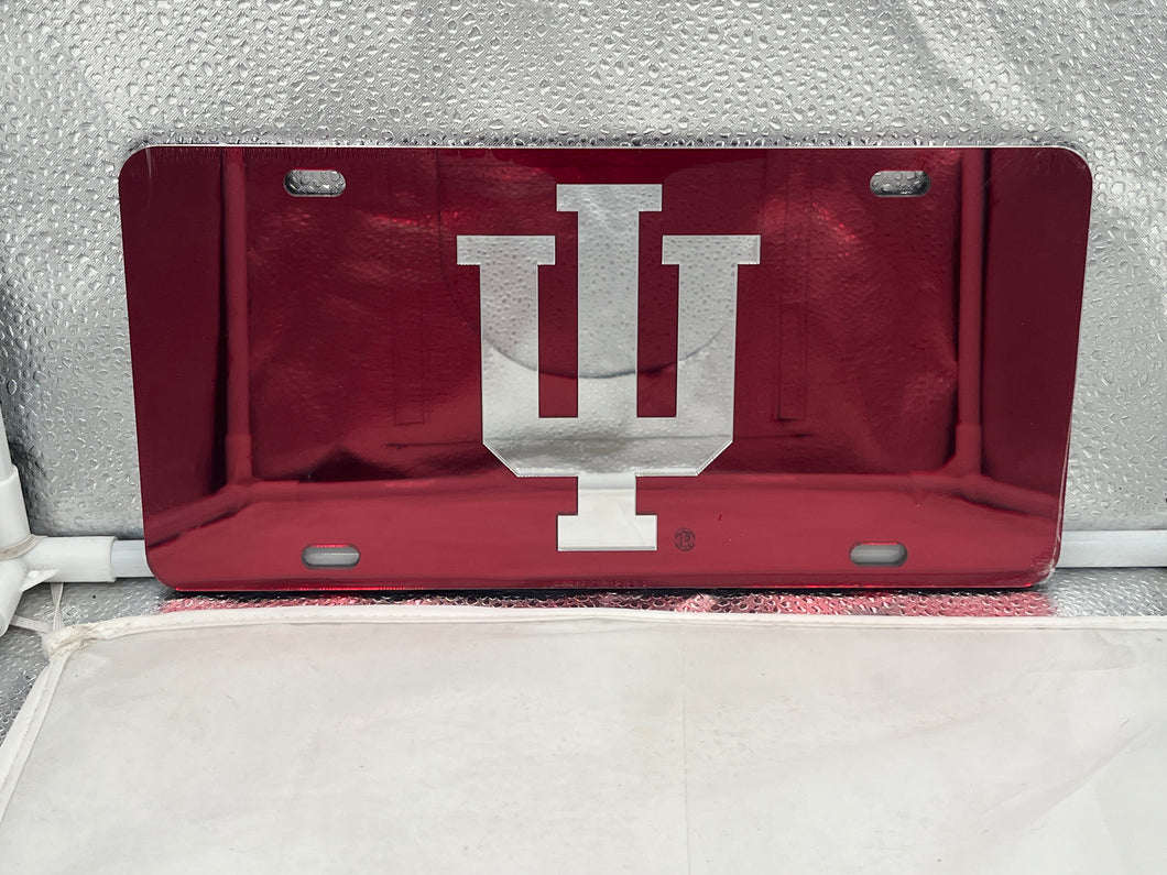 Indiana Hoosiers NCAA Red Mirrored Laser Cut License Plate from Craftique, showcasing vibrant red color and precise laser-cut design of the Hoosiers logo, perfect for vehicle decoration and fan merchandise.