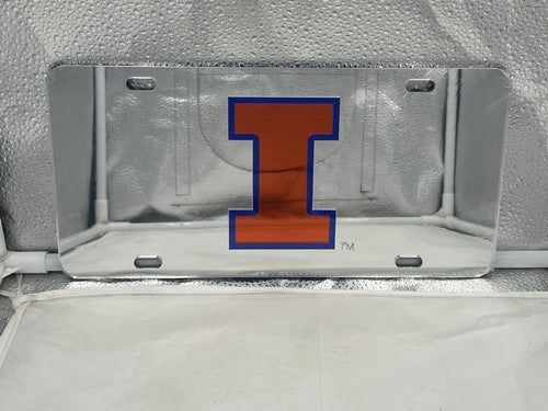 Illinois Fighting Illini NCAA Silver Mirrored Laser Cut License Plate by Craftique showcasing the iconic team's logo with a stunning mirrored finish, perfect for avid fans.