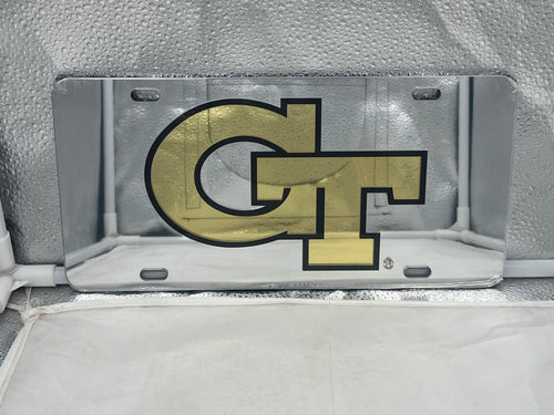 Georgia Tech Yellow Jackets NCAA Silver LaserCut License Plate by Craftique, showcasing a silver laser-cut design featuring the iconic Georgia Tech logo, perfect for displaying team spirit on your vehicle.