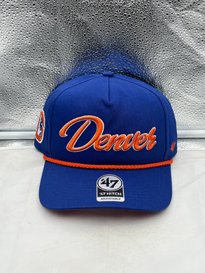 Denver Broncos NFL '47 Brand Throwback Blue Rope Hitch Snapback Adjustable Hat displayed on a mannequin, showcasing the classic design and vibrant blue color.