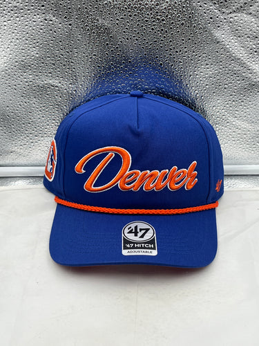 Denver Broncos NFL '47 Brand Throwback Blue Rope Hitch Snapback Adjustable Hat displayed on a mannequin, showcasing the classic design and vibrant blue color.