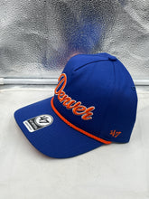 Load image into Gallery viewer, Close-up of the Denver Broncos NFL &#39;47 Brand Throwback Blue Rope Hitch Snapback Adjustable Hat highlighting the stylish rope detail and snapback closure.
