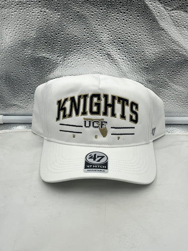 UCF Knights NCAA '47 Brand Throwback White Hitch Adjustable Snapback Hat showcasing the iconic UCF logo on a stylish white background.