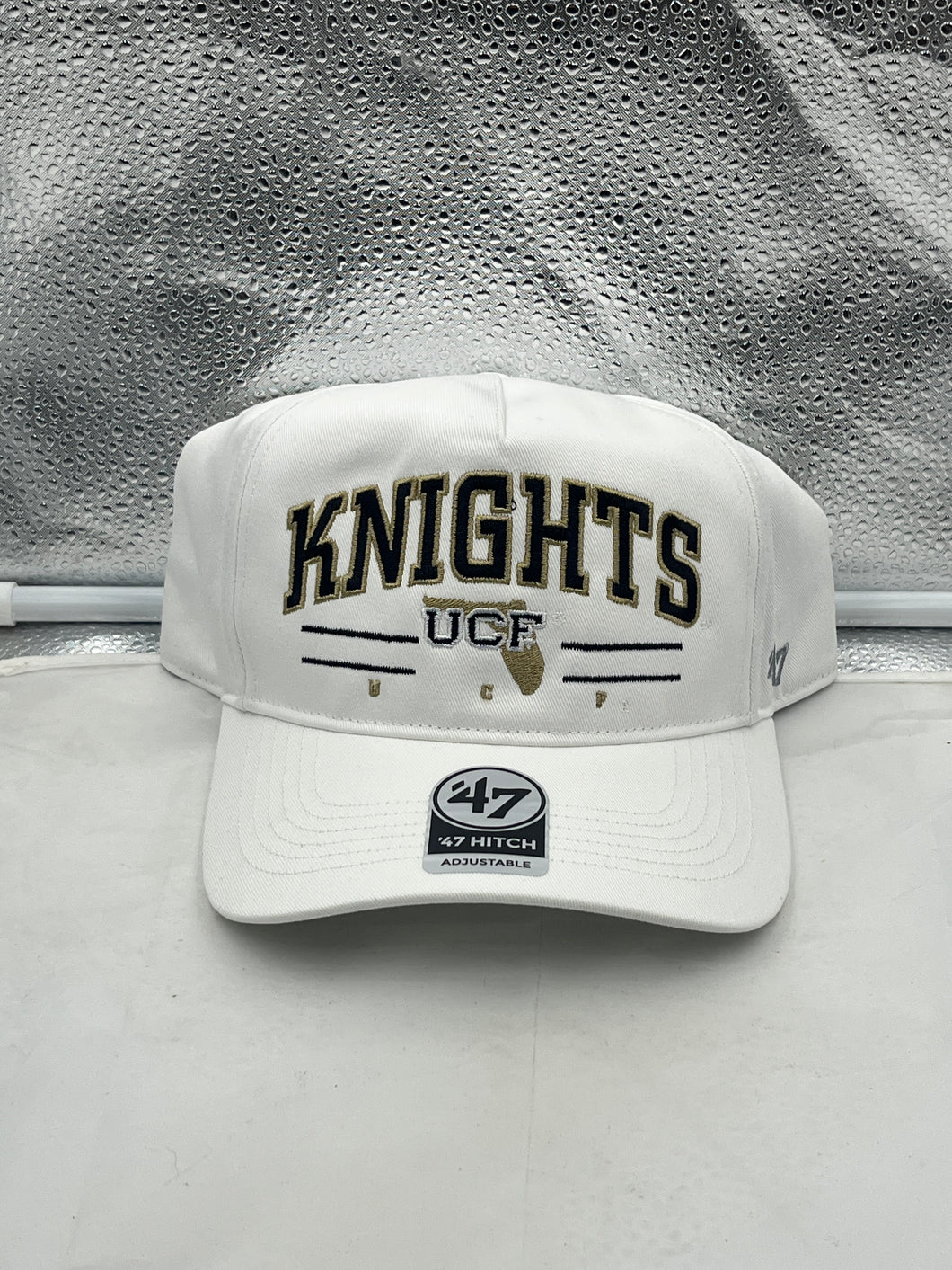 UCF Knights NCAA '47 Brand Throwback White Hitch Adjustable Snapback Hat showcasing the iconic UCF logo on a stylish white background.