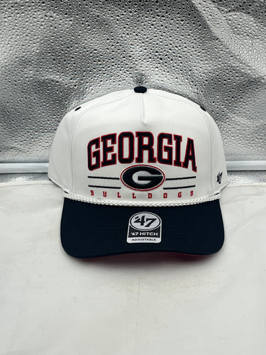 Georgia Bulldogs NCAA '47 Brand White TT Hitch Rope Adjustable Snapback Hat displayed on a white background showcasing its sleek design and adjustable snapback feature.