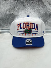 Load image into Gallery viewer, Florida Gators NCAA &#39;47 Brand White TT Hitch Rope Adjustable Snapback Hat displayed against a white background, showcasing the vibrant Gators logo and stylish hitch rope detail.
