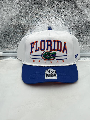 Florida Gators NCAA '47 Brand White TT Hitch Rope Adjustable Snapback Hat displayed against a white background, showcasing the vibrant Gators logo and stylish hitch rope detail.