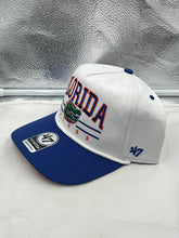 Load image into Gallery viewer, Close-up of the Florida Gators NCAA &#39;47 Brand White TT Hitch Rope Adjustable Snapback Hat highlighting the adjustable snapback feature and unique design for Gators fans.
