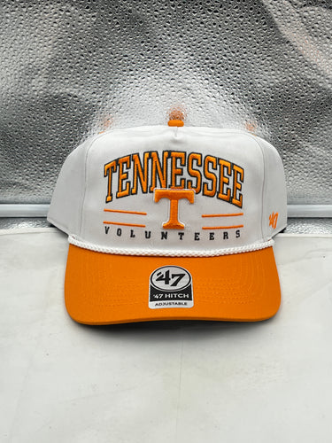 Tennessee Volunteers NCAA '47 Brand White TT Hitch Rope Adjustable Snapback Hat displayed on a neutral background, showcasing the classic design and rope detail.