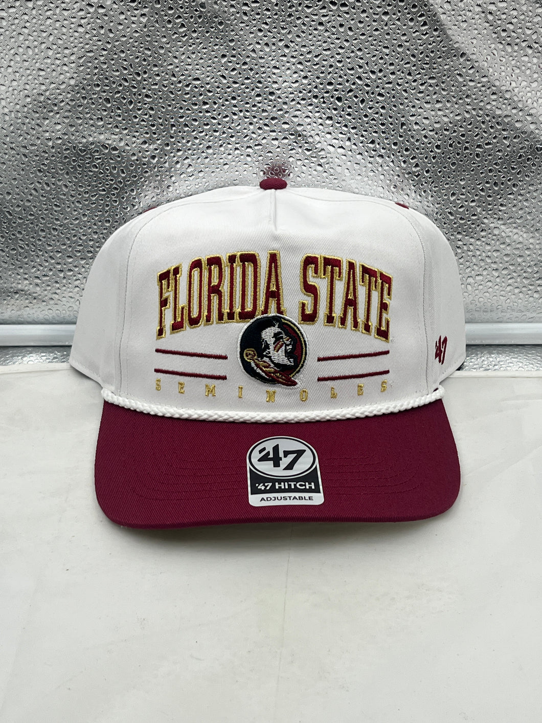Florida State Seminoles FSU NCAA '47 Brand White TT Hitch Rope Adjustable Hat showcasing the iconic logo and stylish design, perfect for fans.