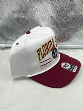 Load image into Gallery viewer, Close-up view of the Florida State Seminoles FSU NCAA &#39;47 Brand White TT Hitch Rope Adjustable Hat highlighting the iconic logo and rope detail.
