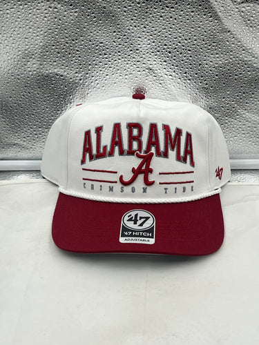 Alabama Crimson Tide NCAA '47 Brand White TT Hitch Rope Adjustable Snapback Hat displayed on a white background, showcasing the stylish design with hitch rope detailing and iconic Alabama logo.