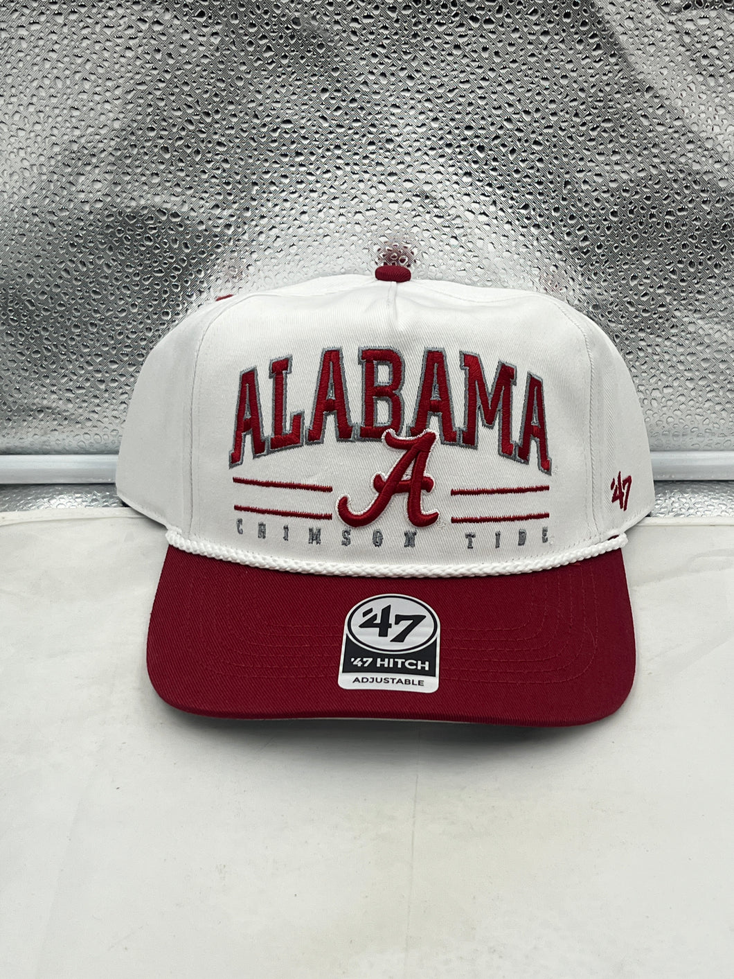 Alabama Crimson Tide NCAA '47 Brand White TT Hitch Rope Adjustable Snapback Hat displayed on a white background, showcasing the stylish design with hitch rope detailing and iconic Alabama logo.