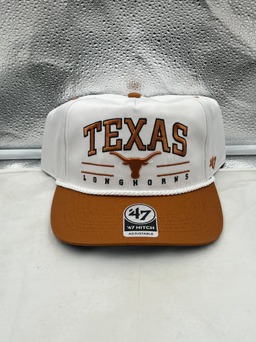 Texas Longhorns NCAA '47 Brand White TT Hitch Rope Adjustable Snapback Hat displayed on model, showcasing its sleek design.