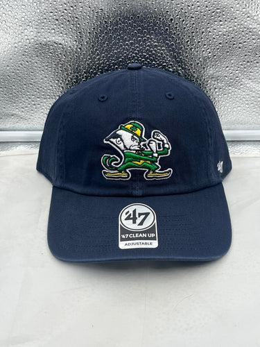 Notre Dame Fighting Irish NCAA '47 Brand Navy Clean Up Adjustable Strapback Hat front view showcasing the classic logo and stylish navy design.