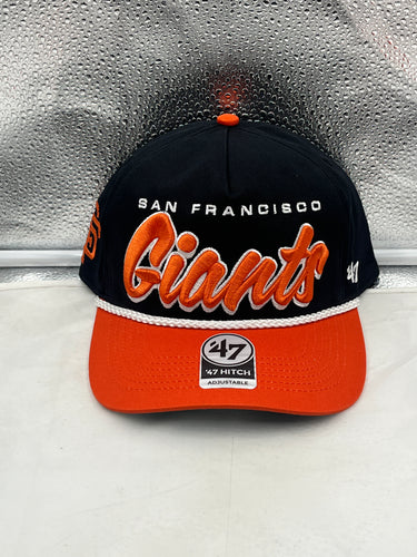 San Francisco Giants MLB '47 Black Script Hitch Rope Adjustable Snapback Hat front view showing stylish design and adjustable snapback.