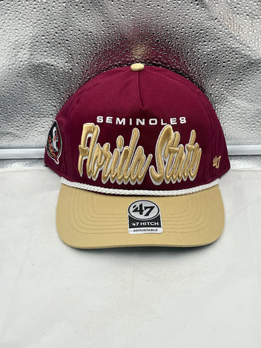 Florida State Seminoles FSU NCAA '47 Brand Red TT Script Hitch Adjustable Hat displayed on a neutral background, showcasing its vibrant red color and prominent logo.