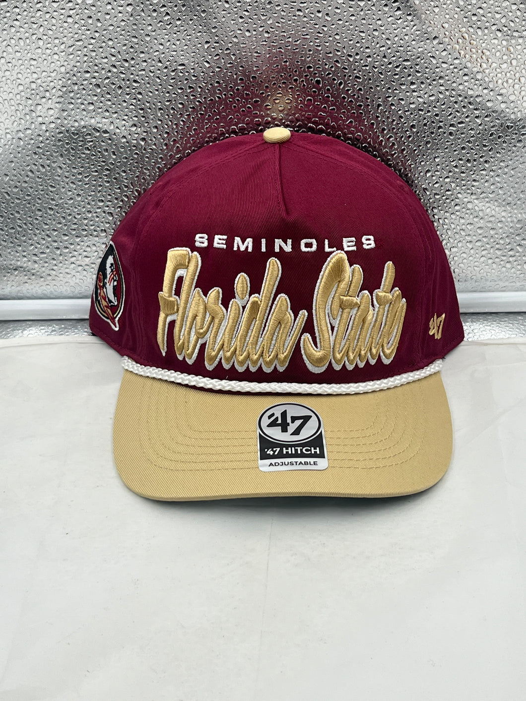 Florida State Seminoles FSU NCAA '47 Brand Red TT Script Hitch Adjustable Hat displayed on a neutral background, showcasing its vibrant red color and prominent logo.
