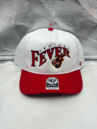 Indiana Fever WNBA '47 Brand White Two Tone Hitch Adjustable Snapback Hat displayed on a rustic wooden background, showcasing stylish design.