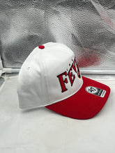 Load image into Gallery viewer, Indiana Fever WNBA &#39;47 Brand White Two Tone Hitch Adjustable Snapback Hat on a table with other fan gear, ideal for game day.
