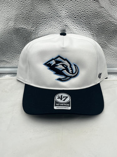 Utah Mammoth NHL '47 Brand White Two Tone Hitch Adjustable Snapback Hat front view, showcasing its stylish two-tone design and logo.