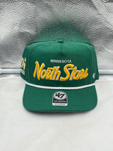 Load image into Gallery viewer, Minnesota North Stars NHL &#39;47 Throwback Green Hitch Rope Adjustable Snapback Hat showcasing vibrant green color and classic logo.
