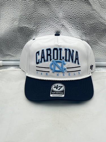 North Carolina Tar Heels NCAA '47 White TT Hitch Rope Adjustable Snapback Hat displayed on a mannequin showcasing the iconic Tar Heels logo and stylish rope detail.