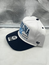 Load image into Gallery viewer, Close-up view of the North Carolina Tar Heels NCAA &#39;47 White TT Hitch Rope Adjustable Snapback Hat highlighting the adjustable snapback feature and high-quality fabric.
