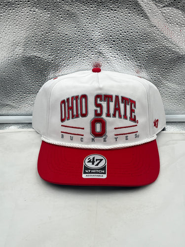 Ohio State Buckeyes NCAA '47 Brand White TT Hitch Rope Adjustable Snapback Hat front view showcasing the trendy rope accent design.
