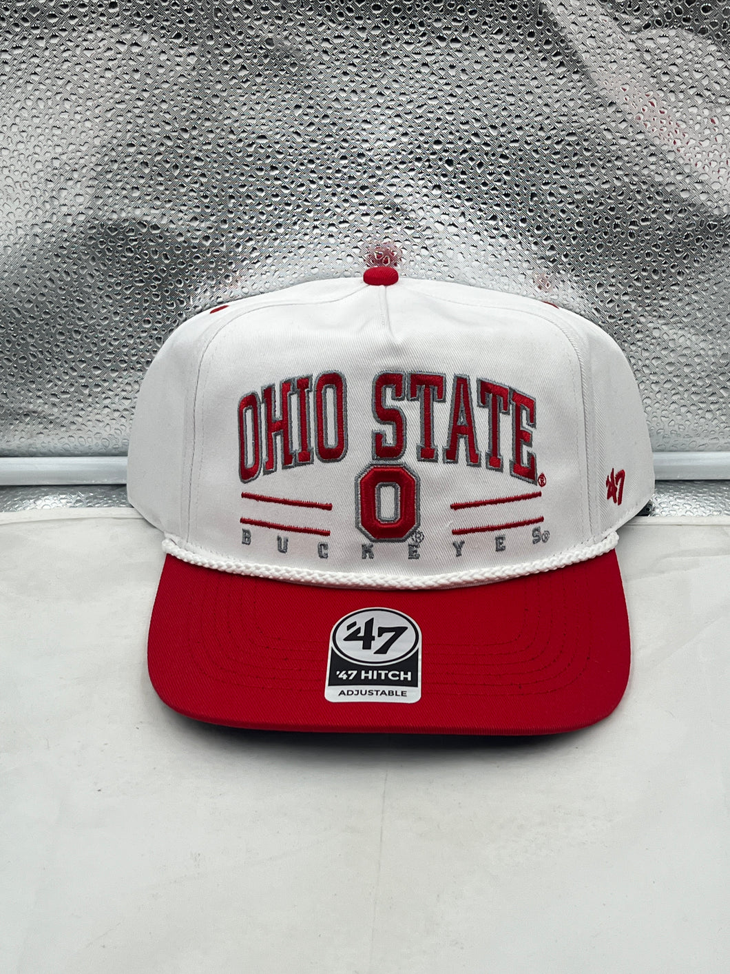 Ohio State Buckeyes NCAA '47 Brand White TT Hitch Rope Adjustable Snapback Hat front view showcasing the trendy rope accent design.