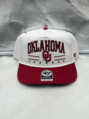Oklahoma Sooners NCAA '47 Brand White TT Hitch Rope Adjustable Snapback Hat front view showcasing the bold team logo.