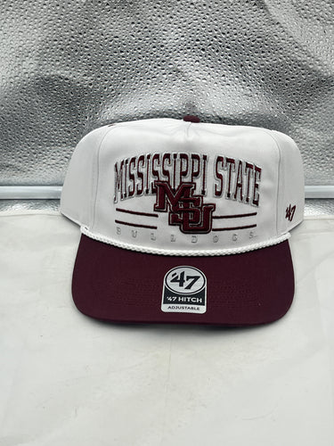 Mississippi State Bulldogs NCAA '47 White TT Hitch Rope Adjustable Snapback Hat showcased on a flat surface.