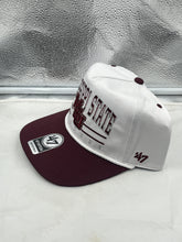 Load image into Gallery viewer, Close-up of the Mississippi State Bulldogs NCAA &#39;47 White TT Hitch Rope Adjustable Snapback Hat logo detail.
