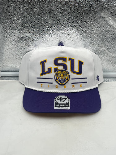 LSU Tigers NCAA '47 Brand White TT Hitch Rope Adjustable Snapback Hat featuring a stylish design with a vintage rope detail along the brim.
